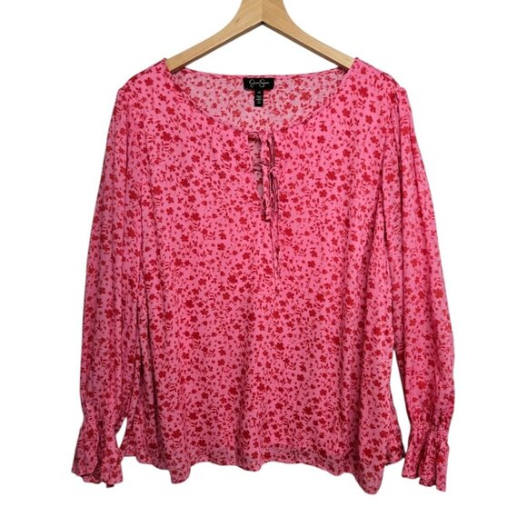 Jessica Simpson Womens Plus 2X Pink Ditsy Floral Print Top Balloon Sleeve Casual - Picture 3 of 7